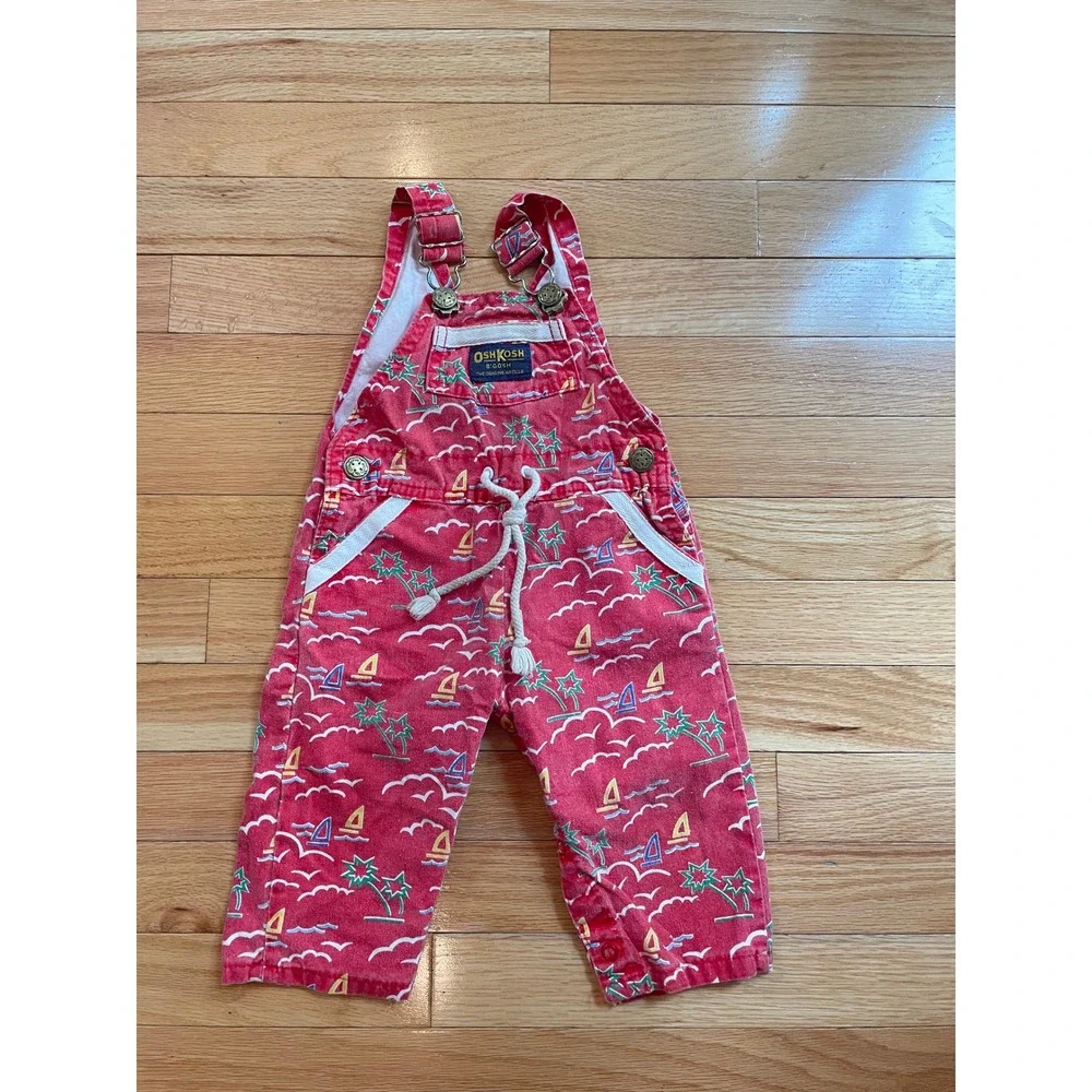 Vintage‎ OshKosh Bgosh Red Nautical Palm Tree Sailboat Overalls 6-9 Months USA